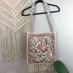 Boho floral embroidered tote bag